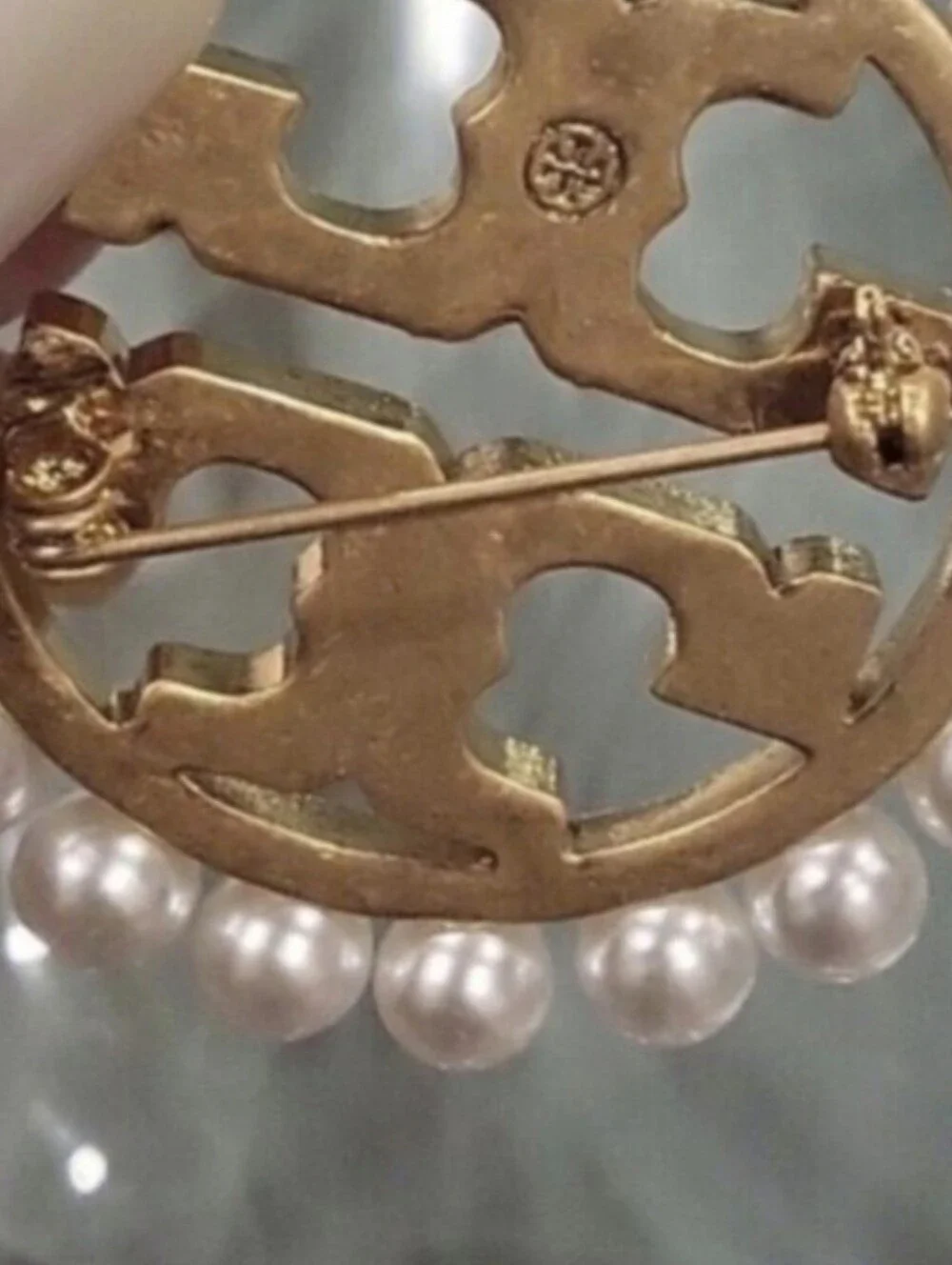 Tory Burch Gold-Tone Logo Brooch with Pearl Trim